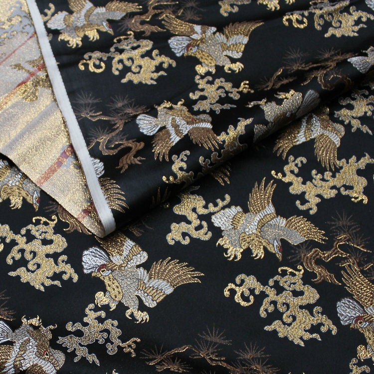 Japanese Silk Brocade Fabric: Ancient Totem Eagle Design, 29.5" Wide