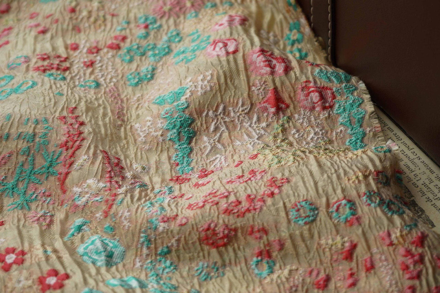 Blue Pink Jacquard Woven Fabric: 3D Embossed Flower Pattern, 57" Wide