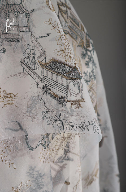 Tissu gaze brodé jacquard fil d'or : mousseline 3D, largeur 140 cm (55 po) - Vendu au mètre