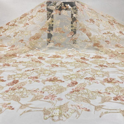 Colorful Sequin Embroidered Mesh Lace Fabric, Floral Wedding Dress Material, 49"W