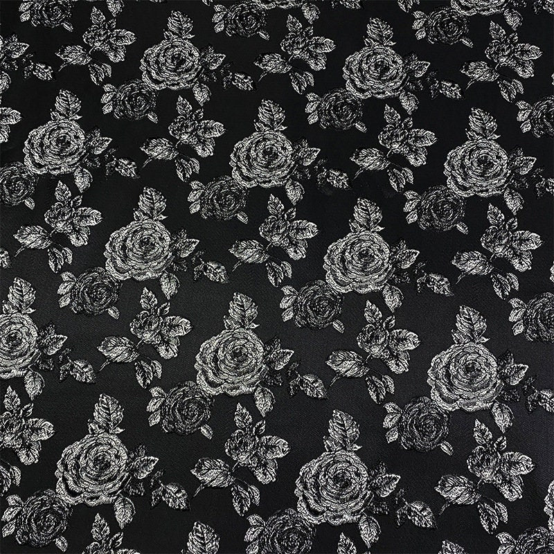 Black Jacquard Fabric: Embossed Peony Flower Design, 55" Wide