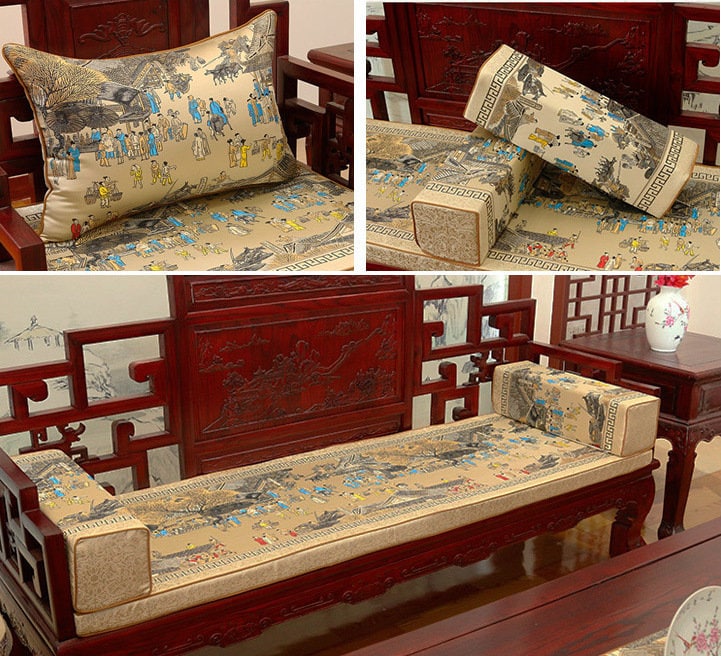 Khaki Silk Brocade Fabric: Ancient Chinese Painting, 118" Wide