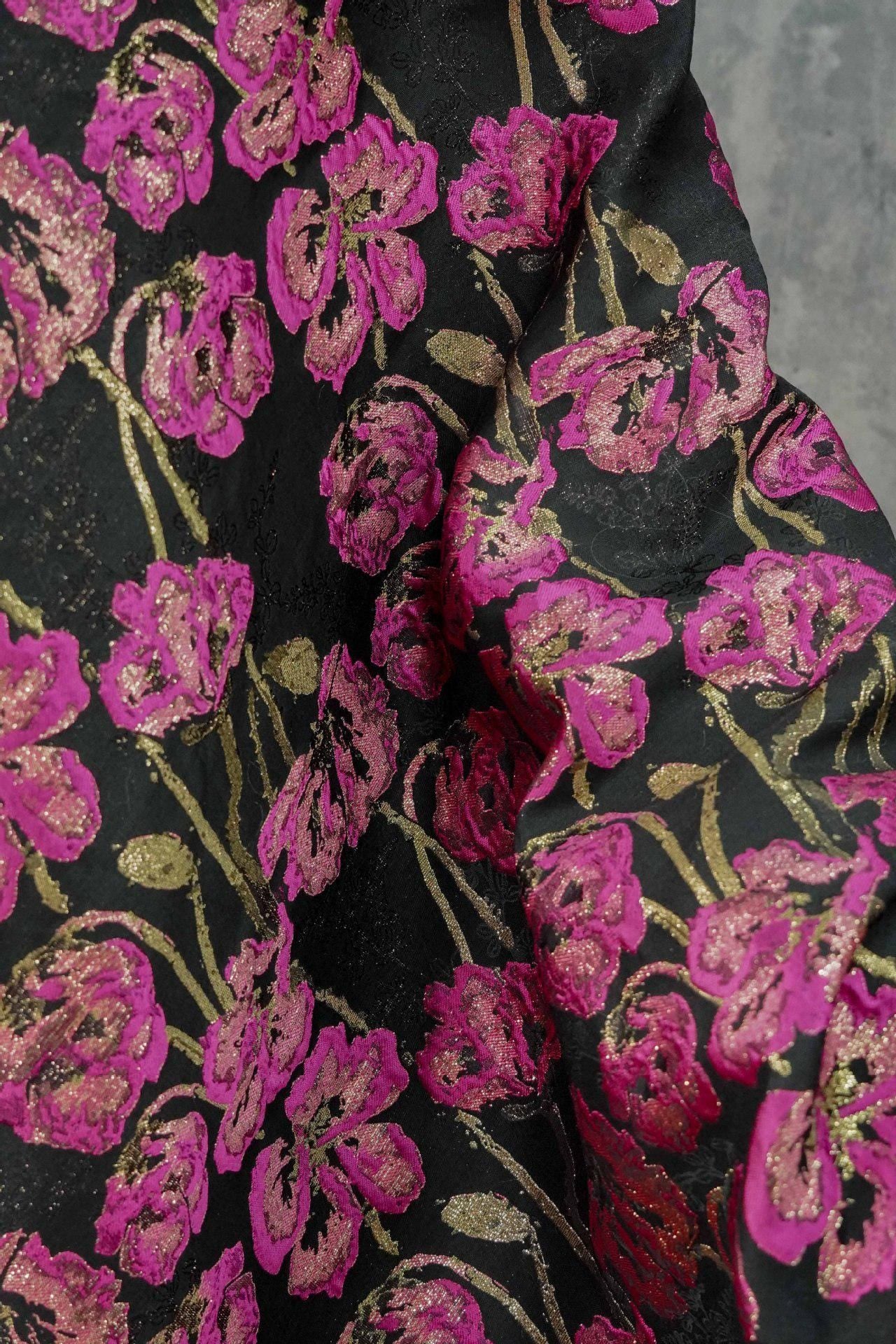 Black Jacquard Brocade Fabric | Pink Floral Gold Thread, 65"W