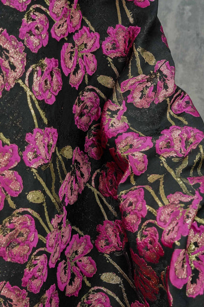 Black Jacquard Brocade Fabric | Pink Floral Gold Thread, 65"W