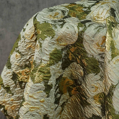 Green Jacquard Woven Fabric: 3D Gold Thread Embossed Texture, 57" Wide