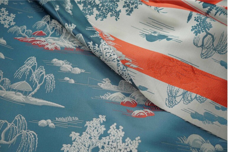 Jacquard Polyester Fabric: Minimalist Asian Landscape, Upholstery & Decor