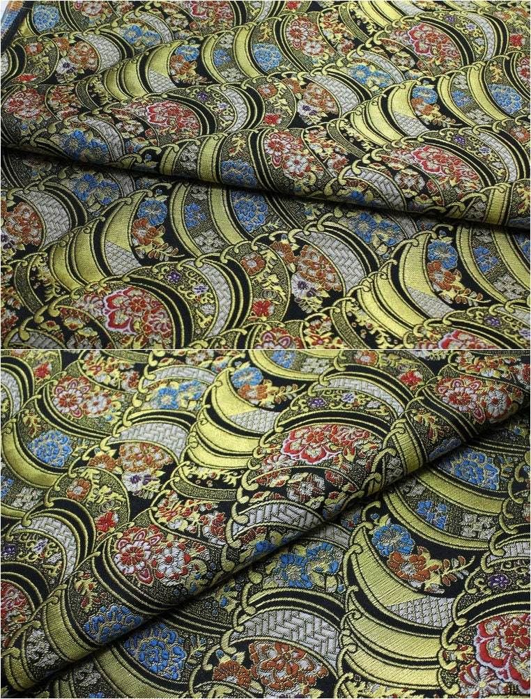 Nishijin Floral Jacquard Fabric: Black and Gold Silk Brocade (29.5" Width)