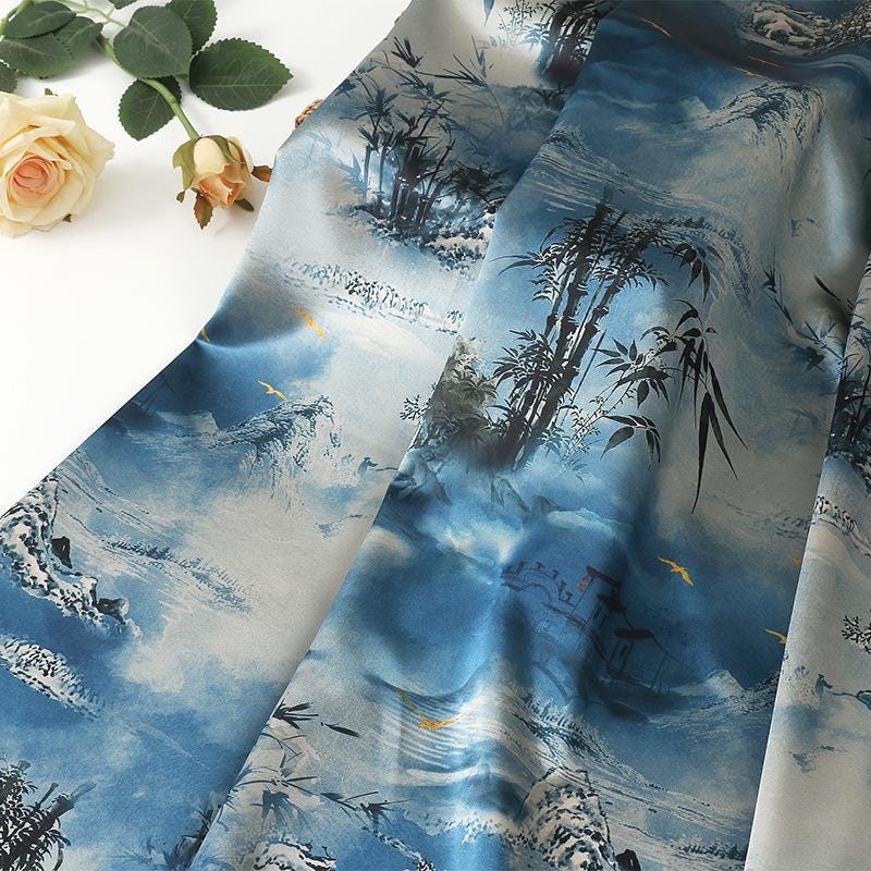 Ancient Landscape Tea Silk Satin Fabric: 59"W Digital Print Upholstery