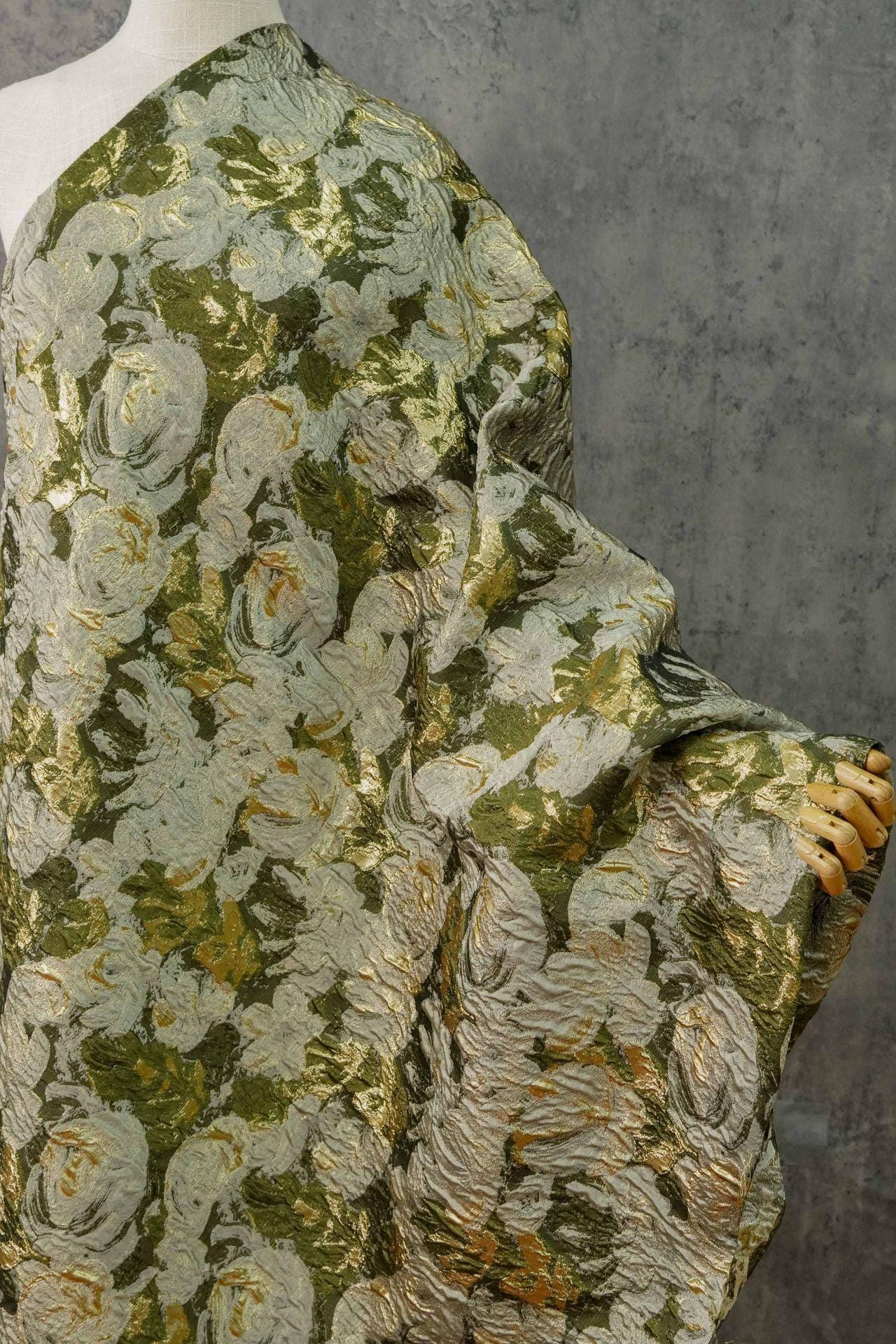 Green Jacquard Woven Fabric: 3D Gold Thread Embossed Texture, 57" Wide