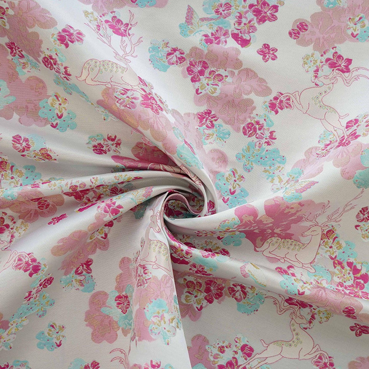 White Deer Jacquard Fabric: Gold Thread Embossed Upholstery, 65"W