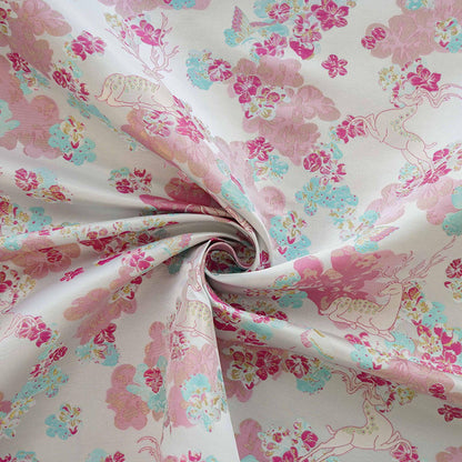 White Deer Jacquard Fabric: Gold Thread Embossed Upholstery, 65"W