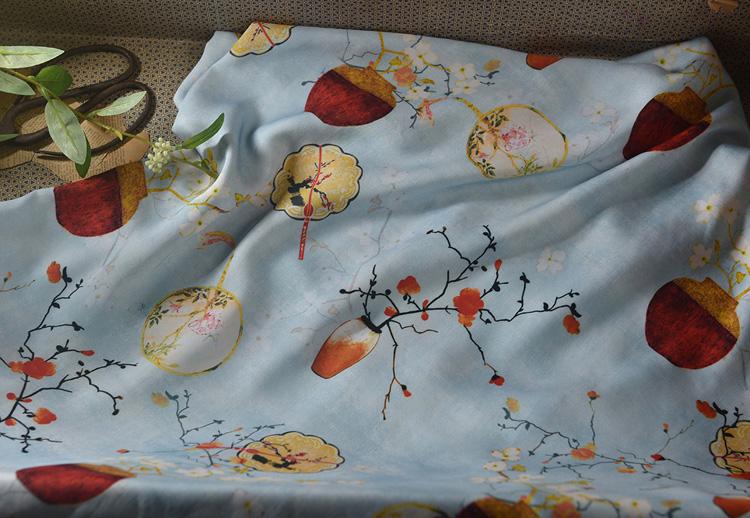 Chinese Ink Painting Cotton Fabric: Floral Drapery, Costume Sewing (55"W)