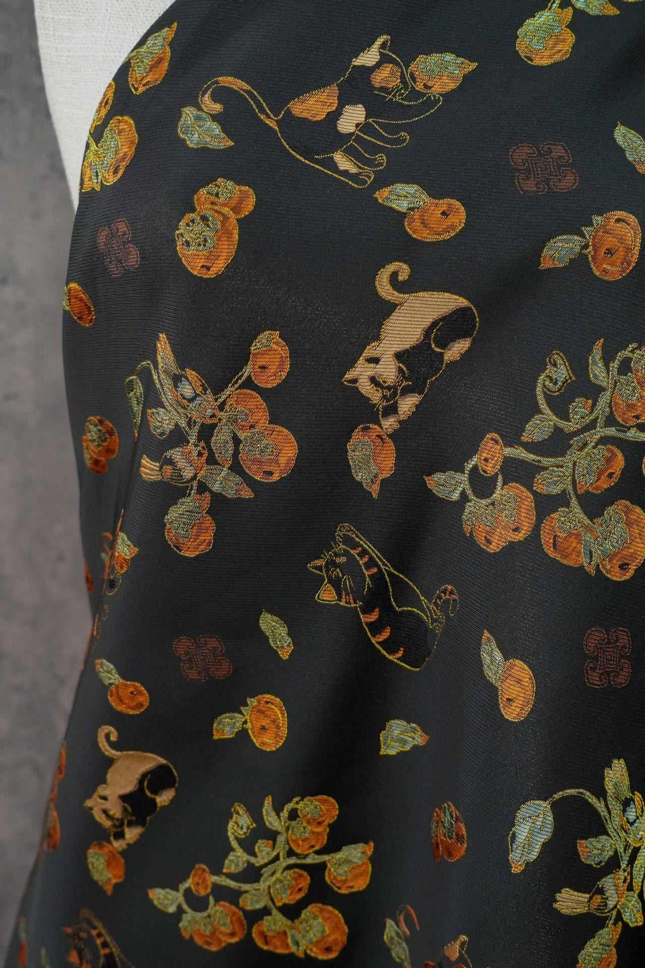 Luxury Cat & Persimmon Jacquard Fabric with Gold Accents for Handbags, 65"Wide