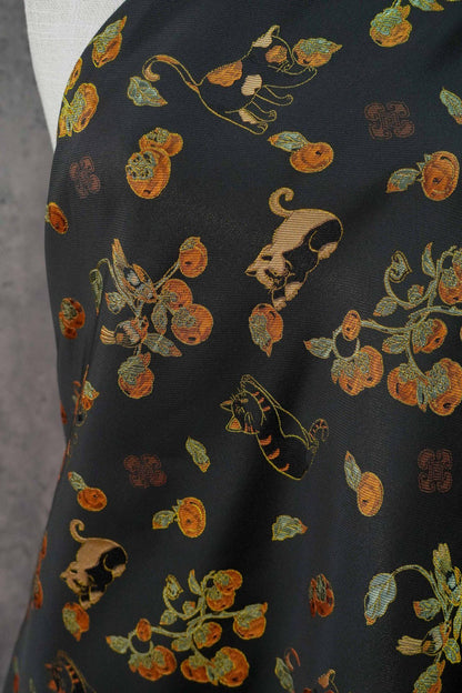 Luxury Cat & Persimmon Jacquard Fabric with Gold Accents for Handbags, 65"Wide