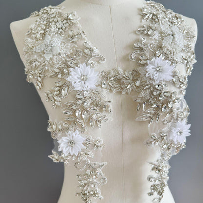 Hand Beaded Rhinestone Applique Patch: Bridal Lace Embroidery