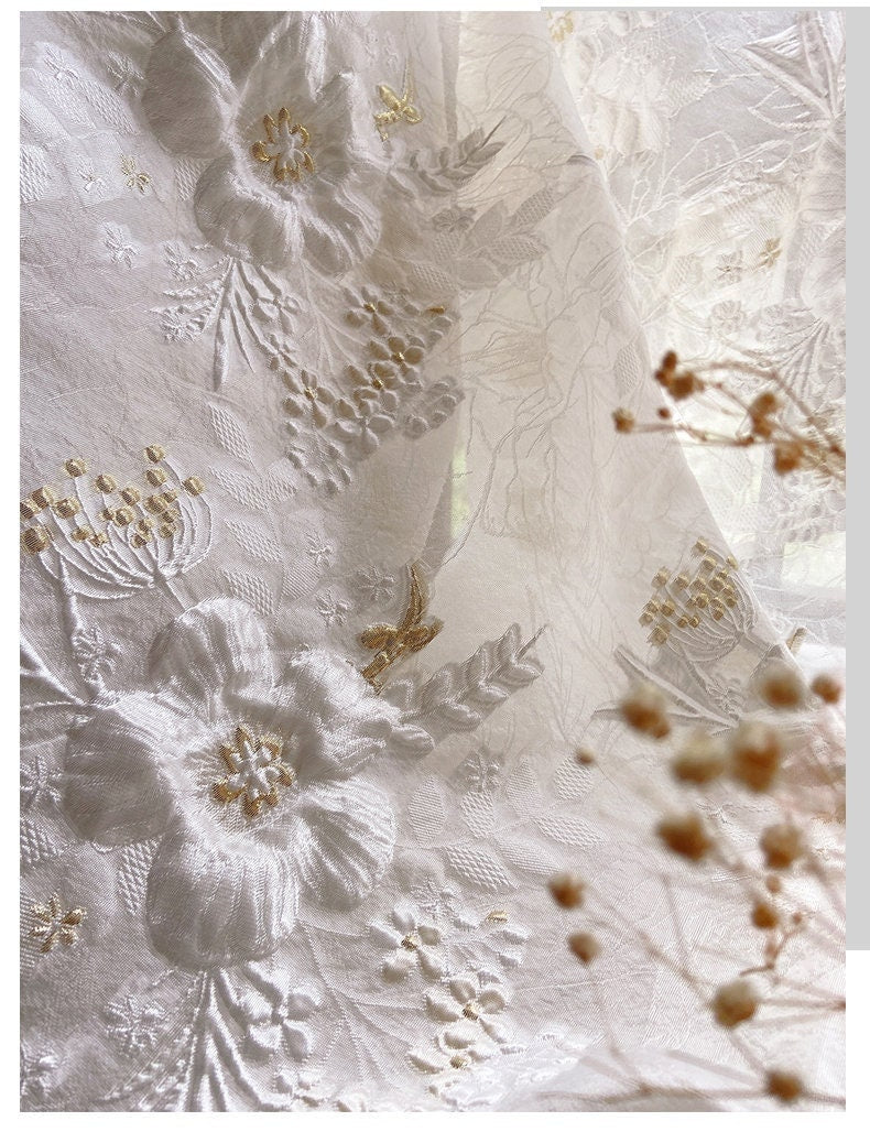 White Dandelion Jacquard Fabric: 3D Gold Lurex Woven Embossed, 57" Wide