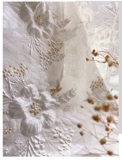 White Dandelion Jacquard Fabric: 3D Gold Lurex Woven Embossed, 57" Wide