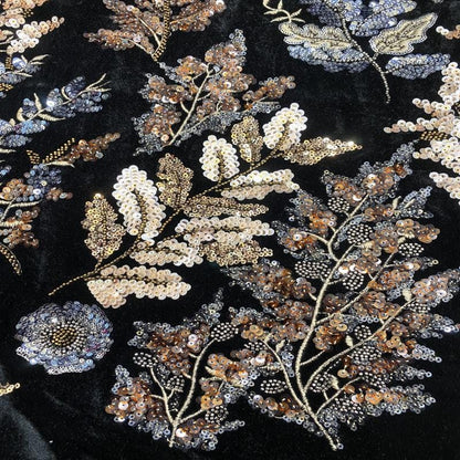 Tissu brodé de sequins en velours noir ��� Texti de perles multicolores" Large