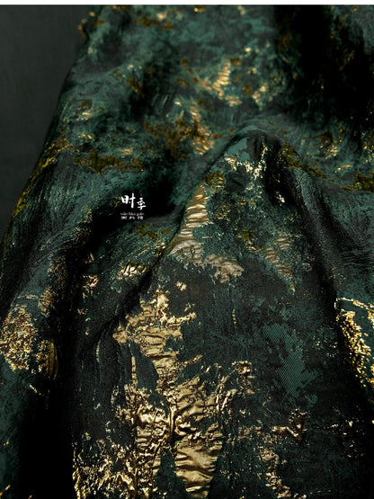 Green & Gold Textured Jacquard Fabric | 3D Embossed Brocade, 55" Wide