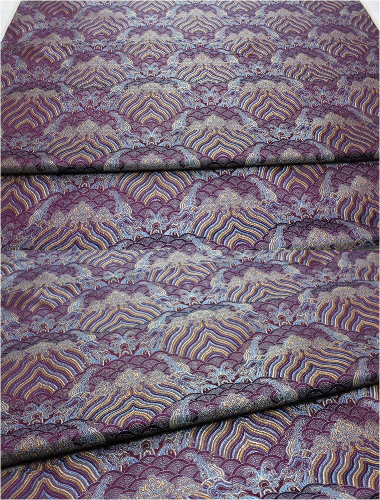 Tissu brocart de soie et rayonne à motif vagues océaniques : Jacquard traditionnel (29,5 po/75 cm)
