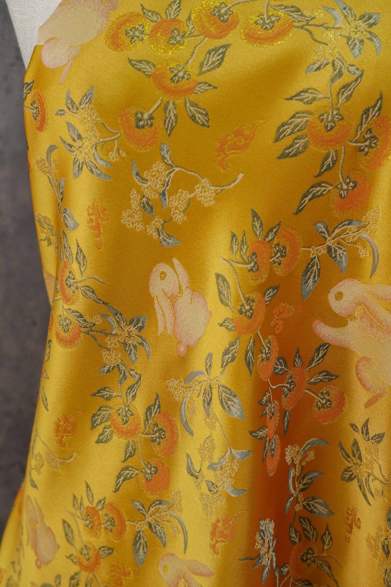 Floral Rabbit Brocade Fabric, Yellow Chinese Jacquard, 58" Wide