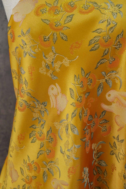 Floral Rabbit Brocade Fabric, Yellow Chinese Jacquard, 58" Wide