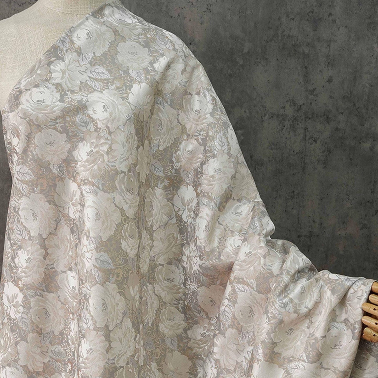 Embroidered Jacquard Fabric: Silver Thread Floral Design, Upholstery & Costume - By the Meter