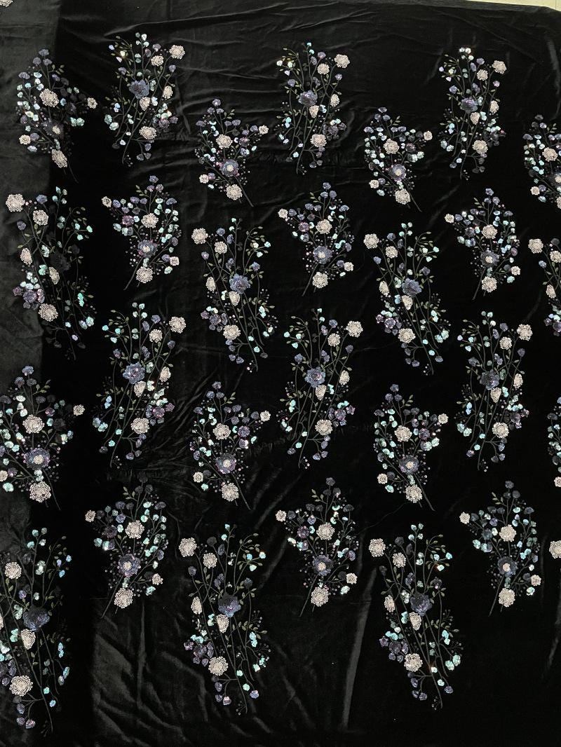 Velvet-Base Botanical Multicolor Sequin Embroidery Fabric, 49"Wide