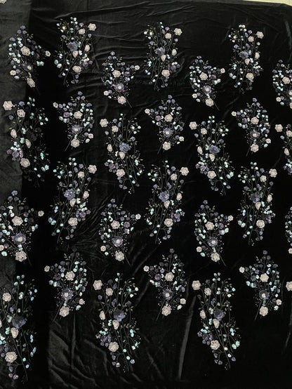 Velvet-Base Botanical Multicolor Sequin Embroidery Fabric, 49"Wide