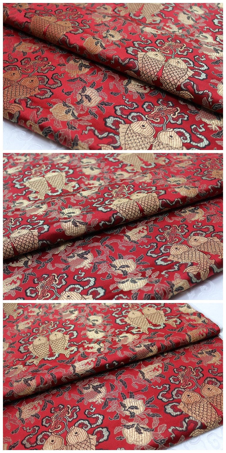 Chinese Silk Brocade Fabric: Pisces Double Fish Design, 29.5" Wide