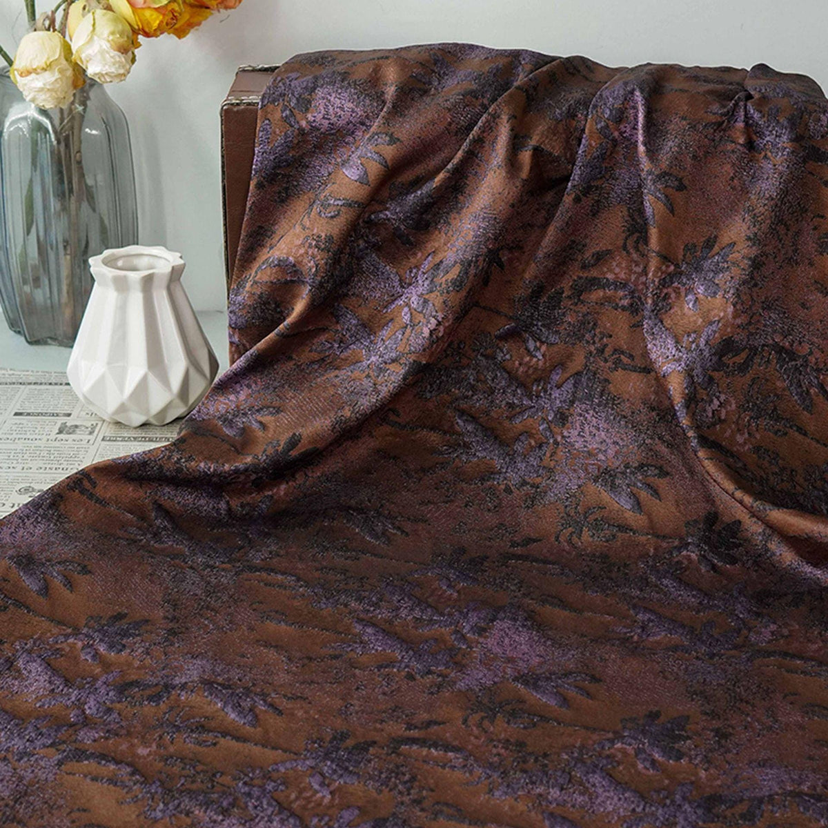Vintage Embossed Jacquard Fabric ��� Tropical Rainforest Leaf Pattern for Upholstery, Curtains & Clothi"Wide