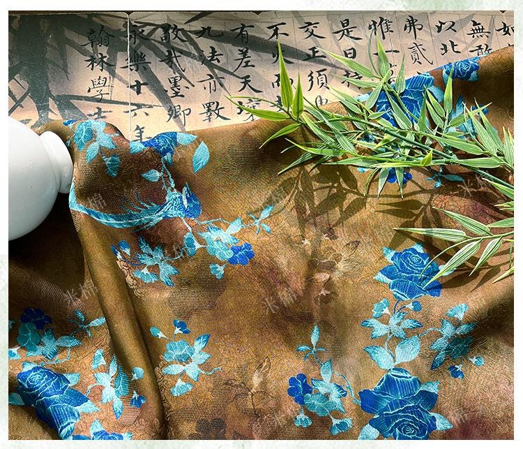 Floral Brocade Fabric ��� Blue Gold Rayon Silk Ble" Wide