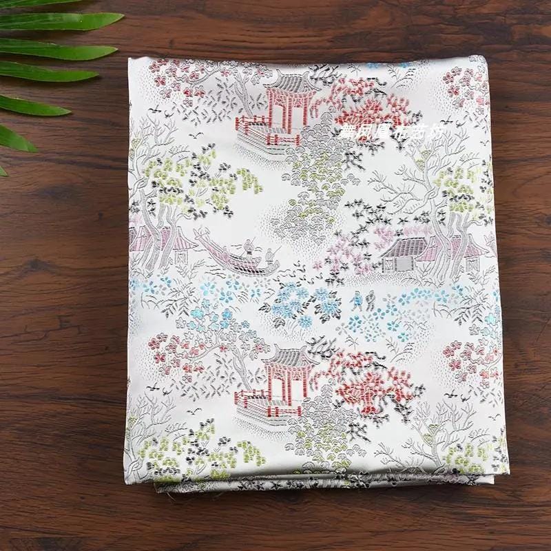 Silver White Brocade Fabric: Ancient Chinese Painting Pattern, 45" Wide