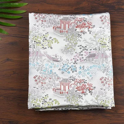 Silver White Brocade Fabric: Ancient Chinese Painting Pattern, 45" Wide
