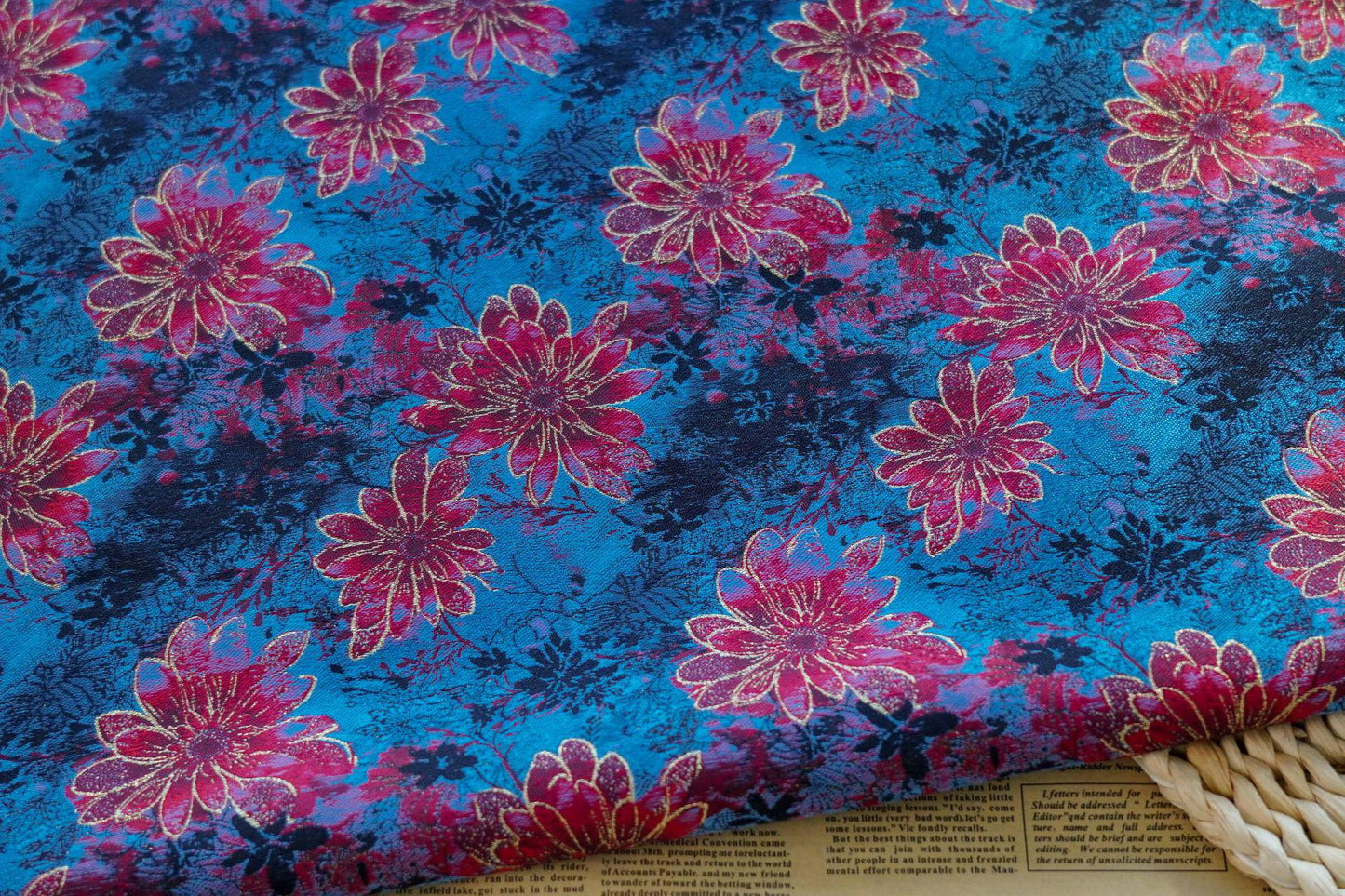 Gold Thread Floral Jacquard Fabric: Blue & Red Costume Dress Material