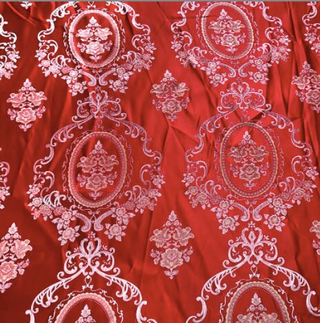 Palace Style Brocade Jacquard Fabric: Red, Gray & Pink Damask (By The Meter)