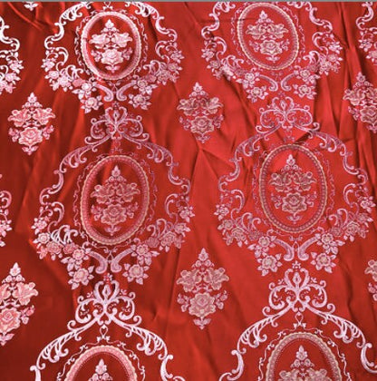 Palace Style Brocade Jacquard Fabric: Red, Gray & Pink Damask (By The Meter)