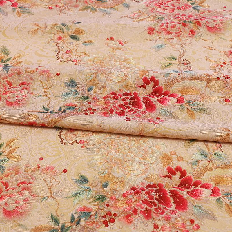 Peony Brocade Jacquard Fabric: Light Apricot Satin Tea Silk (59" Wide)