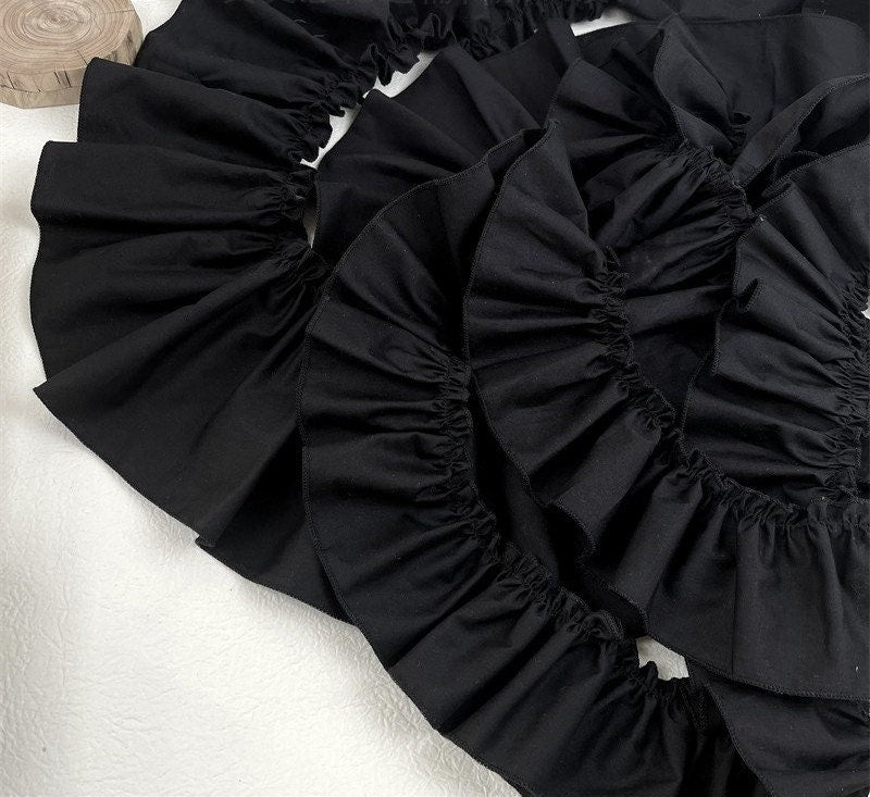 Black Cotton Ruffle Fabric Trim: DIY Doll Clothing, Decor - 3" Width