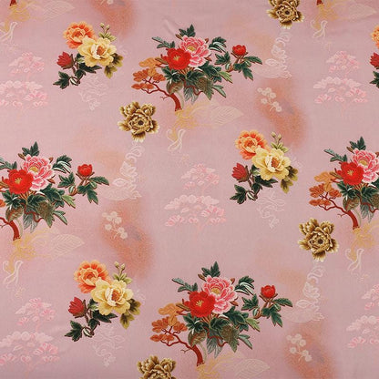 Tissu satiné brocart à motif floral | Motif Xiangyun chinois bleu et or, 150 cm de large