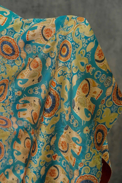 Lucky Elephant Tea Silk Satin Fabric: 59"W Green Upholstery