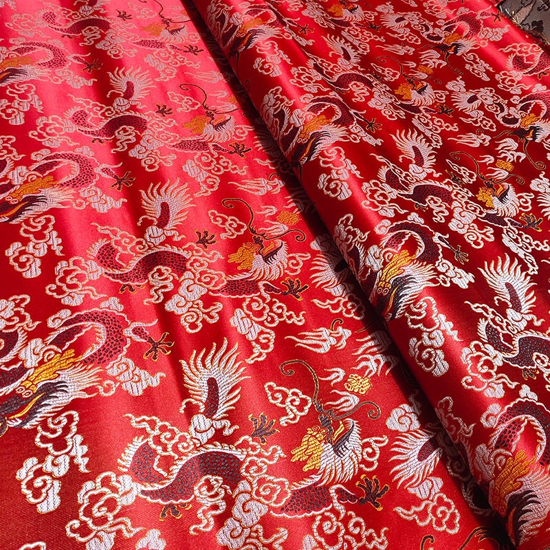 Dragon Brocade Fabric: Colorful Jacquard Satin, Home Decor (35"W)