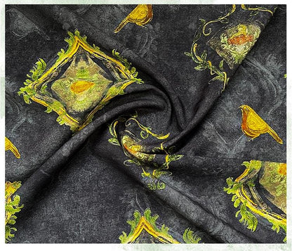 Élégant oiseau doré sur tissu de coton minuit ��� Matières de mode et d'artisanat oriental"Large
