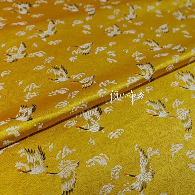 Crane Jacquard Satin Fabric: Gold Bird Brocade, 45"W Home Decor