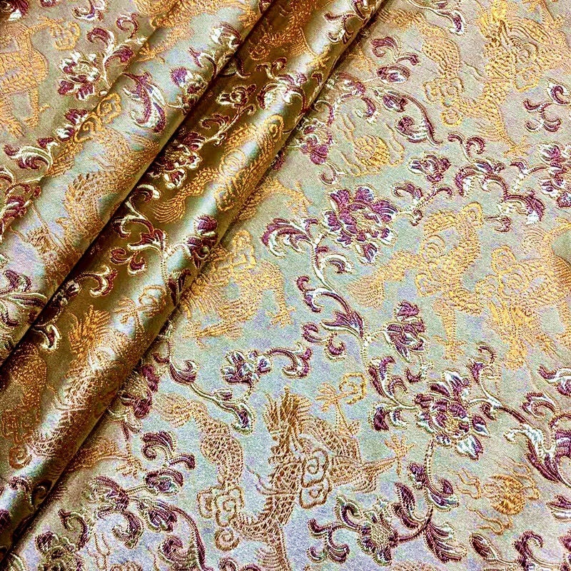 Dragon & Flower Brocade Fabric: Multi-Color Rayon, 59" Wide