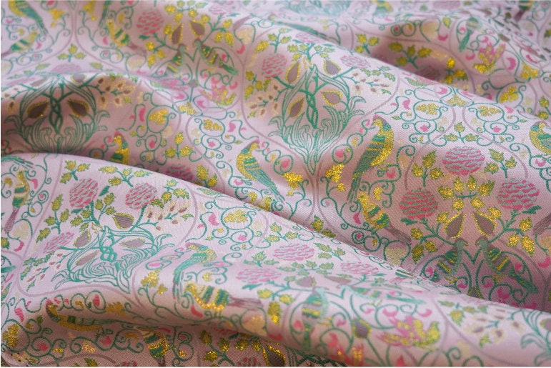 Gold Thread Jacquard Fabric: 3D Floral Bird Design, 60" Wide