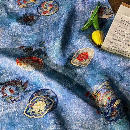 Dragon Phoenix Jacquard Rayon Silk Fabric ��"W, Luxurious Quilting Material