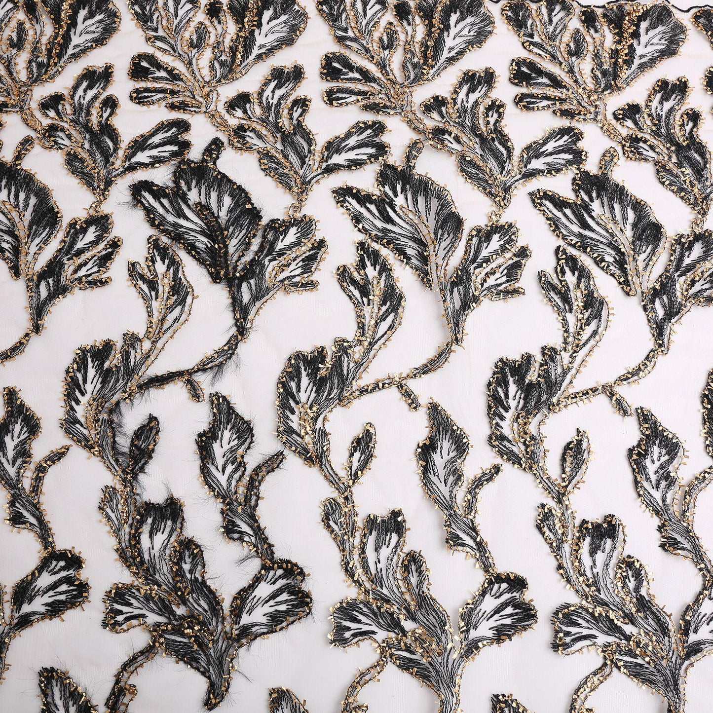 Foil Leaf Sequin Embroidery Fabric: Black & Gold Floral, 50"W