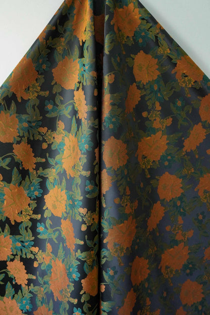 Orange Floral Woven Fabric, Black Polyester Blend, 62" Wide