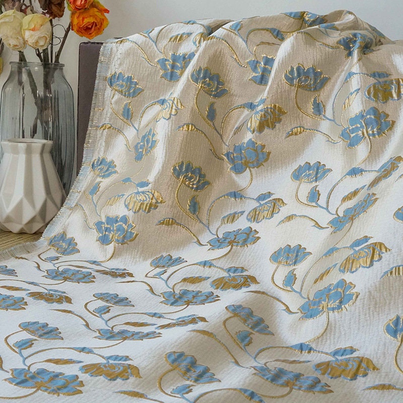 Floral Jacquard Woven Fabric: Gold Thread Embossed Upholstery, 57"W